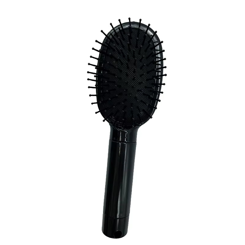 Brosse à cheveux noire avec manche long, accessoire de coiffure discret pouvant servir de cachette secrète.
