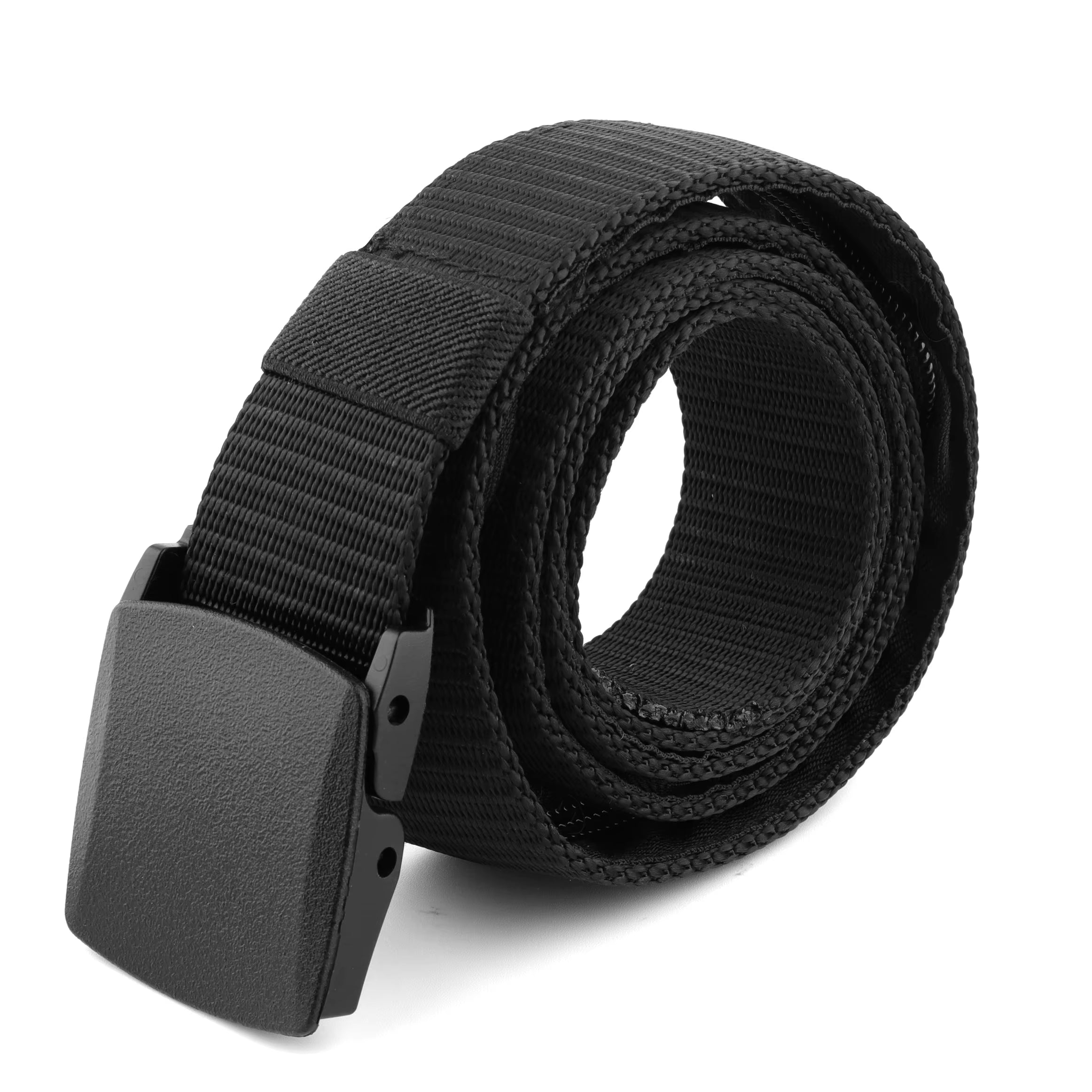 Ceinture secrète noire en nylon avec boucle plastique robuste, conçue pour dissimuler argent et documents lors des voyages