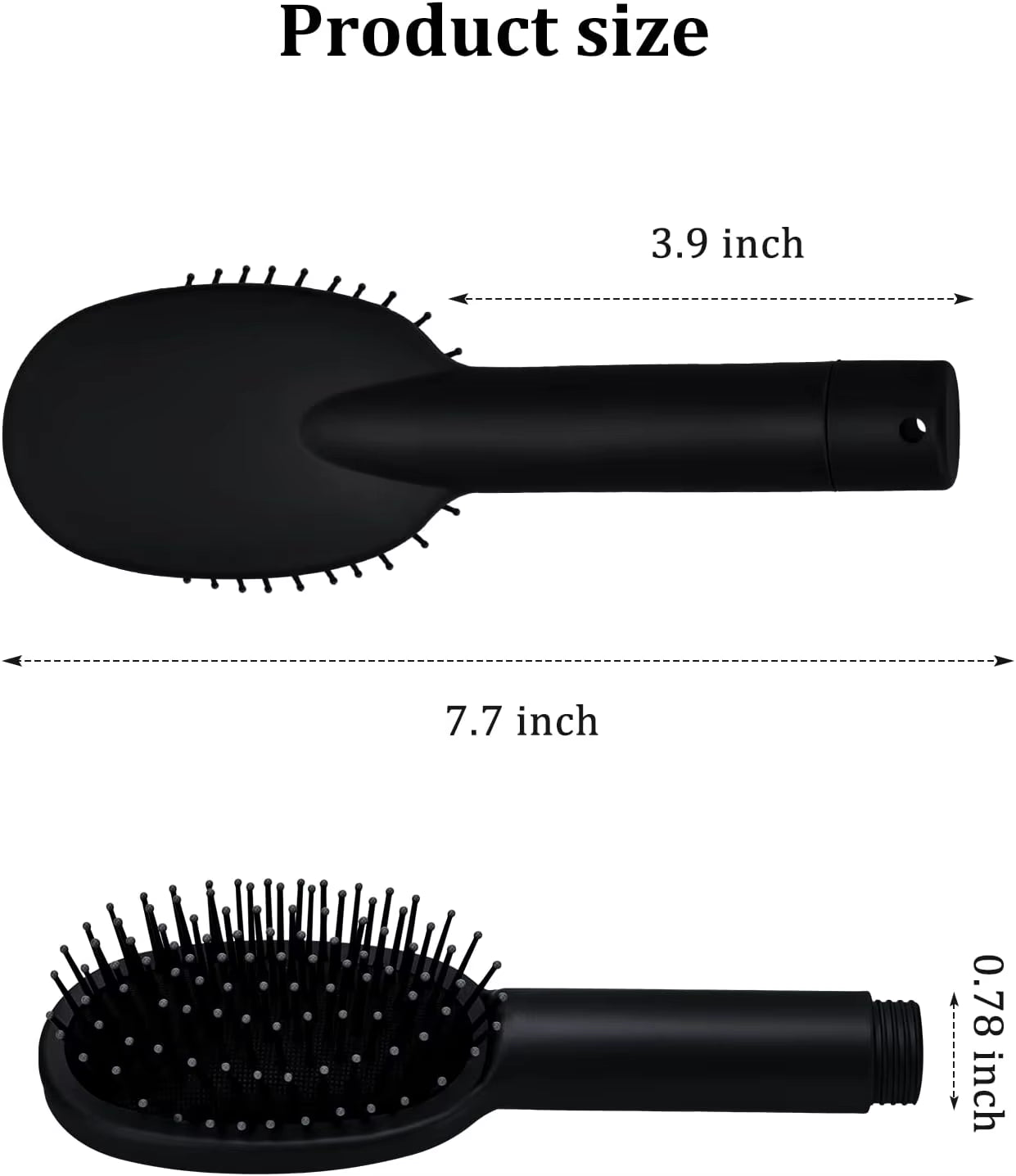 Dimensions de la brosse cachette noire : longueur totale 7.7 pouces, tête 3.9 pouces, manche 0.78 pouce, schéma montrant les mesures du produit.
