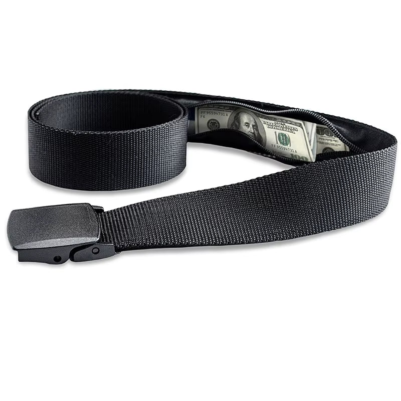 Ceinture secrète noire en nylon avec poche cachée zippée contenant des billets, conçue pour sécuriser l'argent et les documents lors des voyages