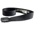 Ceinture secrète noire en nylon avec poche cachée zippée contenant des billets, conçue pour sécuriser l'argent et les documents lors des voyages