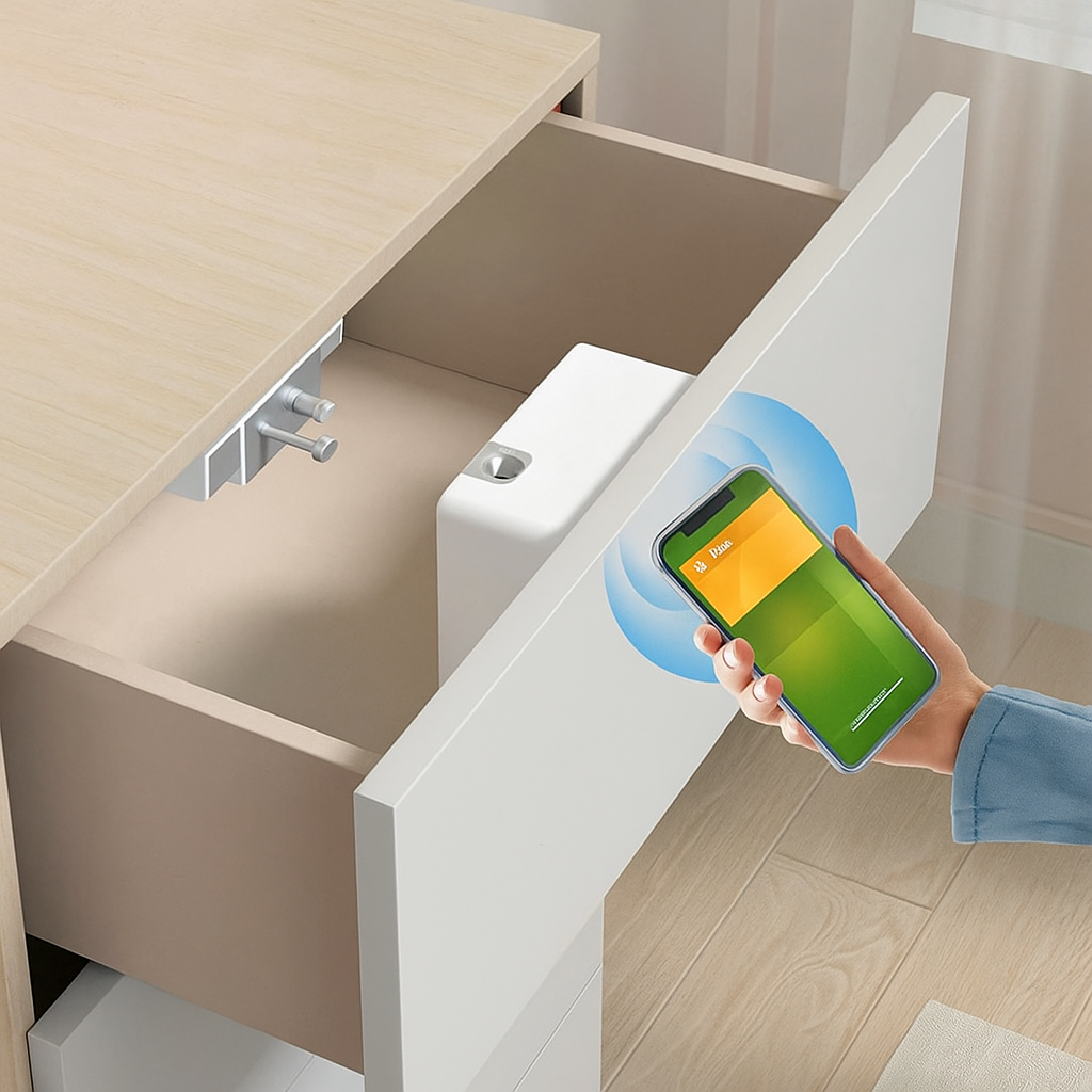 Tiroir équipé d’une serrure intelligente invisible, ouverture via smartphone NFC