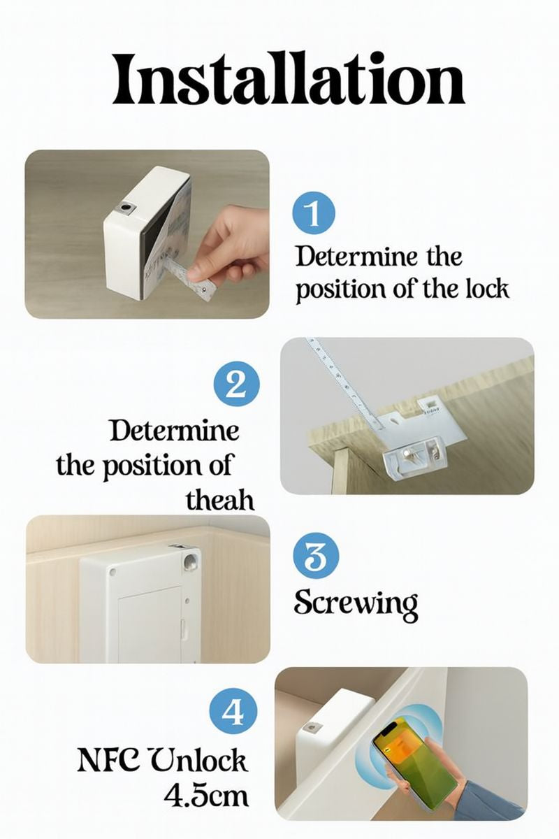 Guide d’installation d’une serrure NFC pour meuble : étapes pour mesurer la position du verrou, fixer la plaque métallique, visser la serrure et déverrouiller avec un smartphone à 4,5 cm