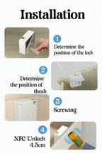 Guide d’installation d’une serrure NFC pour meuble : étapes pour mesurer la position du verrou, fixer la plaque métallique, visser la serrure et déverrouiller avec un smartphone à 4,5 cm