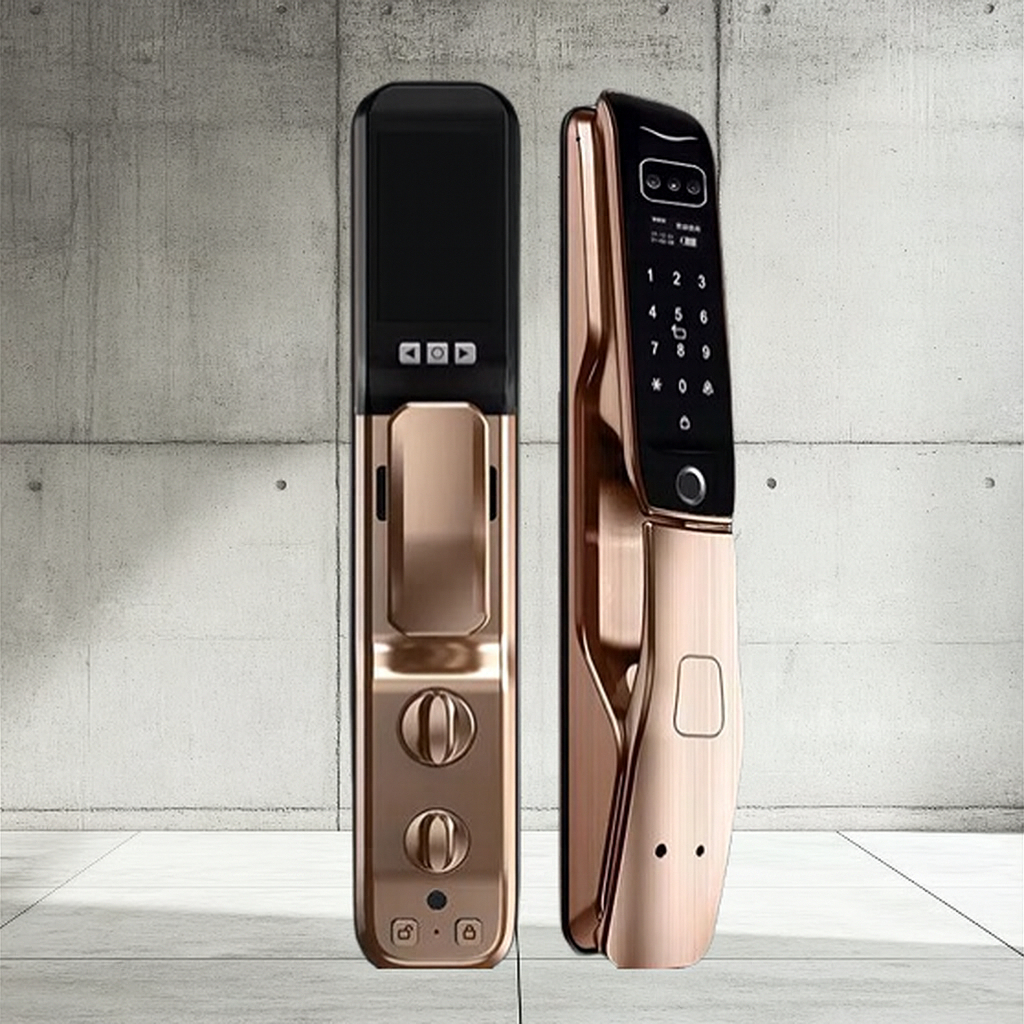 Serrure connectée intelligente en métal doré avec clavier numérique et reconnaissance faciale