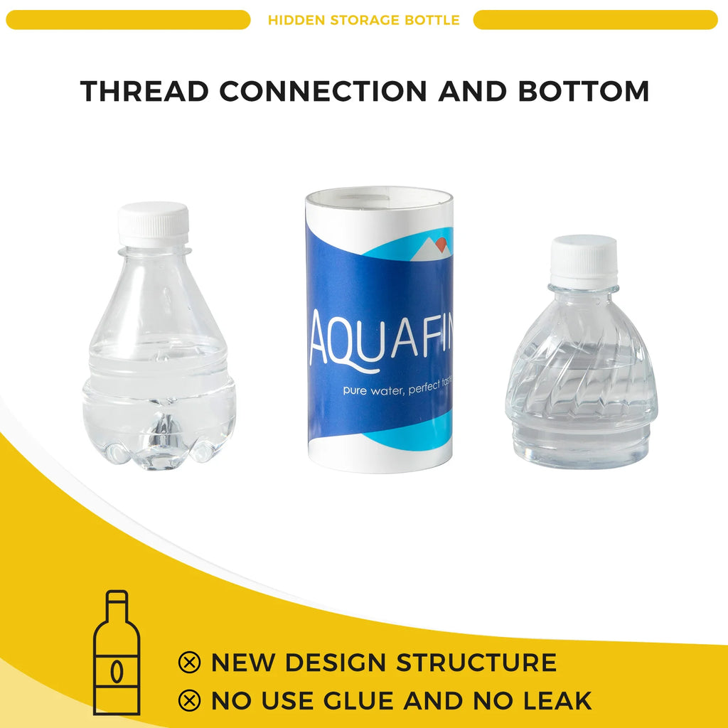 Bouteille d’eau secrète démontée montrant les trois parties : haut, compartiment caché cylindrique et base, illustrant la structure à filetage sans colle ni fuite