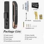 Contenu du pack d’une serrure intelligente comprenant panneau intérieur, panneau extérieur, corps de serrure, clés mécaniques, cartes IC, vis d’installation et accessoires.